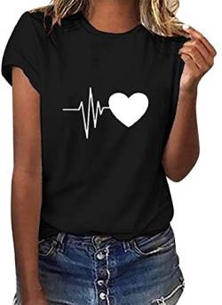 Yuson Girl Damen T-Shirt Herz Druck Shirt Rundhals Kurzarm Oberteile Hemd Tops Bluse Sommer Grafik Drucken Oberteile Tee Tops Cool Herzförmig(Schwarz, L) von Yuson Girl