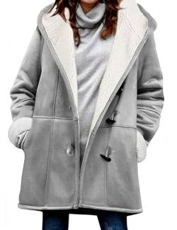 Yuson Girl Fleecejacke Damen Lang Kapuzenjacke Warm Einfarbig Kapuzenpullover Lose Winterjacke Fleece Wintermantel Langarm Cardigan Outwear Wildleder Sweatjacke mit Taschen(Hellgrau, M) von Yuson Girl