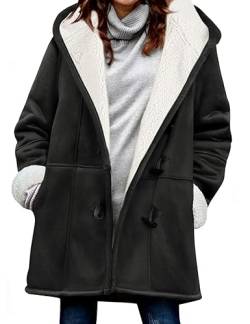 Yuson Girl Fleecejacke Damen Lang Kapuzenjacke Warm Einfarbig Kapuzenpullover Lose Winterjacke Fleece Wintermantel Langarm Cardigan Outwear Wildleder Sweatjacke mit Taschen(Schwarz, S) von Yuson Girl