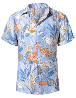 Yuson Girl Hawaii Hemd Männer Funky Hawaiihemd Herren Kurzarm Casual Floral Blumenmuster Hawaiihemd Unisex Button Down Baumwolle Sommerhemd Aloha Bedruckter Strand Beilaufig Hawaii Hemd(Hellblau, XXL) von Yuson Girl