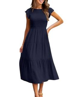 Yuson Girl Kleid Damen Sommerkleid Lang Casual Rundhals Flatterärmel Maxikleider Sommer Knielang Strandkleid Elastische Taille Lang Kleider Gestuftes Rüschen A Linie Kleid(Navy, S) von Yuson Girl