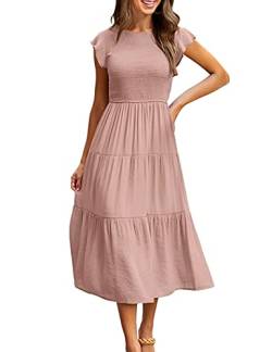 Yuson Girl Kleid Damen Sommerkleid Lang Casual Rundhals Flatterärmel Maxikleider Sommer Knielang Strandkleid Elastische Taille Lang Kleider Gestuftes Rüschen A Linie Kleid(Rosa, M) von Yuson Girl