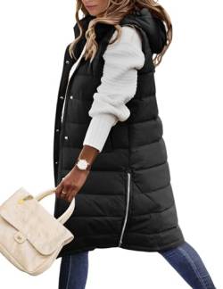 Yuson Girl Lange Jacke Weste für Damen Ärmellose Kapuzenweste Steppweste Damen Lang Winteroberbekleidung Weste Damen Lang Reißverschluss Mantel Outdoor Winterjacke Mit Tasche(Schwarz, L) von Yuson Girl