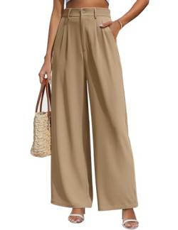 Yuson Girl Weite Hosen Damen Lockere Palazzo Hose Hohe Taille Stoffhose Lässig Gerade Beinform Hosen Einfarbig Hose Weites Bein Lang Elegant Freizeit Anzughose Damen mit Tasche(Khaki, M) von Yuson Girl