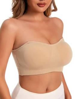 Yutdeng Bandeau BH Trägerlos Damen BH ohne Träger Bandeau Top Anti-Rutsch Comfy BH mit Durchsichtigen Trägern Tube Top Strapless Bra Gepolsterter Bralette Trägerloser BH Damen,Beige,XL von Yutdeng