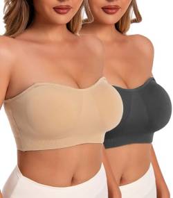 Yutdeng Bandeau BH Trägerlos Damen BH ohne Träger Bandeau Top Anti-Rutsch Comfy BH mit Durchsichtigen Trägern Tube Top Strapless Bra Gepolsterter Bralette Trägerloser BH Damen,Schwarz+Beige,XL von Yutdeng