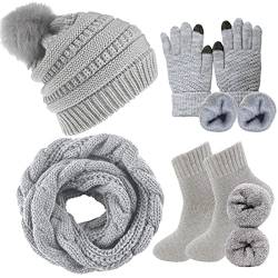 Yutdeng Beanie Mütze Schal Set Winter Touchscreen Handschuhe Plüsch Socken Warm 4pcs Damen Strickmütze mit Pompon Fleece Handschuhe Herren Langer Schal Socke Winter komfort,grau,One size von Yutdeng