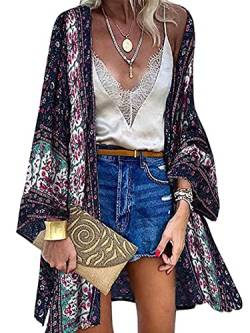 Yutdeng Bikini Cover Up Damen Blumendruck Kimono Strickjacke Bohème Cardigan Strandkleid Bedecken Pareos Sommer Strand Poncho Boho Vertuschen Shirt Badeanzug Elegant,Marineblau,L von Yutdeng