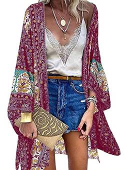 Yutdeng Bikini Cover Up Damen Blumendruck Kimono Strickjacke Bohème Cardigan Strandkleid Bedecken Pareos Sommer Strand Poncho Boho Vertuschen Shirt Badeanzug Elegant,Weinrot,L von Yutdeng