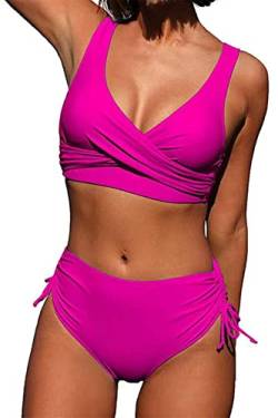 Yutdeng Bikini Damen Bauchweg High Waist Kordelzug Side Bikini Push Up Bikini Oberteil Badeanzug Zweiteiliger Bademode Frauen Hohe Taille Bikini Set Damen mit Abnehmbare Pads, Rosa, M von Yutdeng