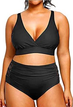 Yutdeng Damen Bikini Set Plus Size Triangel Tiefem V Ausschnitt Swimsuit Crossover Back Push Up Bademode Bauchweg Bikini Oberteil High Waist Bikinihose Mesh Groß Größe Badeanzug,Schwarz,4XL von Yutdeng