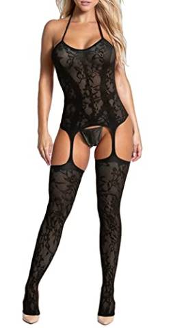 Yutdeng Damen Dessous-Set mit Strümpfen Spitze Strapsen Halter mit Tanga Lingerie Dessous Negligee Unterwäsche für Frauen Babydoll, Schwarz von Yutdeng