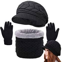 Yutdeng Damen Winter Warm Hut Schal Handschuhe Set Touchscreen-Handschuhe Strick mit Kreis Loop Schal Fleece Gefüttert für Ski 3-in-1 Mütze Winter-Set draussen(Schwarz,Einheitsgröße) von Yutdeng