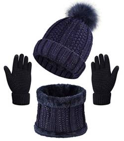 Yutdeng Damen Winter Warm Knit Mütze Hut Schal Handschuhe Set Touchscreen-Handschuhe Strick mit Kreis Loop Schal Fleece Gefüttert für Ski 3-in-1 Winter-Set(Navy blau,Einheitsgröße) von Yutdeng