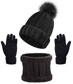 Yutdeng Damen Winter Warm Knit Mütze Hut Schal Handschuhe Set Touchscreen-Handschuhe Strick mit Kreis Loop Schal Fleece Gefüttert für Ski 3-in-1 Winter-Set(Schwarz,Einheitsgröße) von Yutdeng