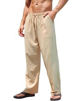 Yutdeng Herren Hose Lang Leinen Baumwolle Hose mit Kordelzug Leicht Freizeithose Casual Leinenhose mit Taschen Gerade Hosen Urlaub Strandhose Einfarbig Sommerhose für Männer,Khaki,XXL von Yutdeng