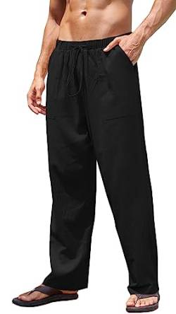 Yutdeng Herren Hose Lang Leinen Baumwolle Hose mit Kordelzug Leicht Freizeithose Casual Leinenhose mit Taschen Gerade Hosen Urlaub Strandhose Einfarbig Sommerhose für Männer,Schwarz,L von Yutdeng