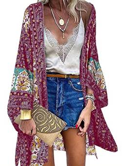 Yutdeng Kimono Damen Strandkleid Blumenkleid Boho Kleid Bikini Cover Up Strand Pareos Leichter Sommer Cardigan Dünne Strickjacke Strandponcho Strandkimonos Strand Tunika,Weinrot,L von Yutdeng