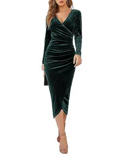 Yutdeng Kleid Lang Damen Elegant Partykleid Samt V Ausschnitt Cocktailkleid Abendkleid Bodycon Kleid Langarm mit Schlitz Kleider Eng Festliche Kleider für Damen Kleid Winter Herbst,Grün,M von Yutdeng