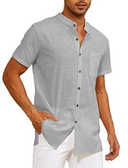 Yutdeng Leinenhemd Herren Kurzarm Hemd Sommerhemd Stehkragenhemd Casual Strandhemd Sommer Hemden Regular Fit Freizeithemden für Herren Leinen Hemd Kurzarmhemd Stehkragen Shirt,Grau,L von Yutdeng