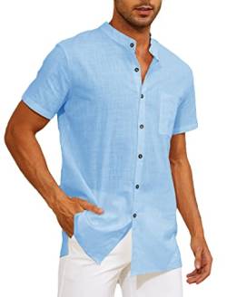 Yutdeng Leinenhemd Herren Kurzarm Hemd Sommerhemd Stehkragenhemd Casual Strandhemd Sommer Hemden Regular Fit Freizeithemden für Herren Leinen Hemd Kurzarmhemd Stehkragen Shirt,Hellblau,S von Yutdeng