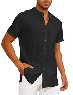 Yutdeng Leinenhemd Herren Kurzarm Hemd Sommerhemd Stehkragenhemd Casual Strandhemd Sommer Hemden Regular Fit Freizeithemden für Herren Leinen Hemd Kurzarmhemd Stehkragen Shirt,Schwarz,M von Yutdeng