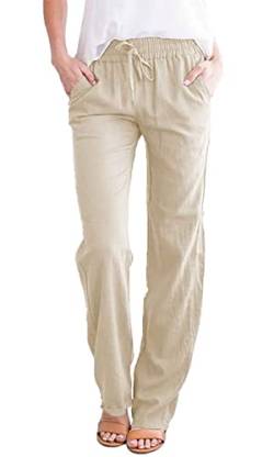 Yutdeng Leinenhose Damen Sommerhose Leicht Casual Hosen Lang Baumwolle Freizeithose Weite Hose Sommer Locker Strandhose Bequeme Atmungsaktive Loose Pants Stoffhose Elegant,Beige,M von Yutdeng