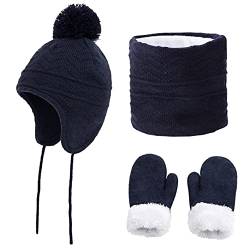 Yutdeng Mütze Strick Baby Schal Fleece Handschuhe Set Fellbommel Beanie Hüte mit Earflap Mädchen Winter Halswärmer Mütze Set Fäustlinge Ohrenklappen mütze Warme Jungen 1-6 Jahre,Marine,S von Yutdeng