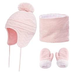 Yutdeng Mütze Strick Baby Schal Fleece Handschuhe Set Fellbommel Beanie Hüte mit Earflap Mädchen Winter Halswärmer Mütze Set Fäustlinge Ohrenklappen mütze Warme Jungen 1-6 Jahre,Rosa,S von Yutdeng