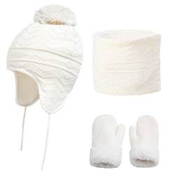 Yutdeng Mütze Strick Baby Schal Fleece Handschuhe Set Fellbommel Beanie Hüte mit Earflap Mädchen Winter Halswärmer Mütze Set Fäustlinge Ohrenklappen mütze Warme Jungen 1-6 Jahre,Weiß,L von Yutdeng