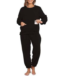 Yutdeng Pyjama Set Damen Winter Warm Plüsch Schlafanzug Set mit Taschen Herren Zweiteiliger Nachtwäsche Sleepwear Loungewear Langarm Oberteil und Hosen Warme Hausanzug Freizeitanzug,Schwarz,XL von Yutdeng