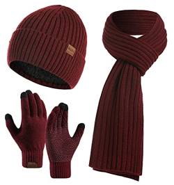 Yutdeng Schal Mütze Handschuhe Kombi Set Chic Herren Touchscreen-Handschuhe Beanie Fleecefutter Mütze Strick Langer Schal Warm Handschuhe Damen Cozy,Rotwein,One size von Yutdeng