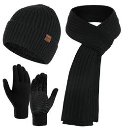 Yutdeng Schal Mütze Handschuhe Kombi Set Chic Herren Touchscreen-Handschuhe Beanie Fleecefutter Mütze Strick Langer Schal Warm Handschuhe Damen Cozy,Schwarz,One size von Yutdeng