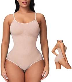 Yutdeng Shapewear Damen Bodysuit Figurenformend Body Shaper Bauchweg Sculpting Unterwäsche Push Up BH Nahtlos Kompression Bodyshaper Tanga Verstellbarer String und Schultergurt,A-Beige,L von Yutdeng