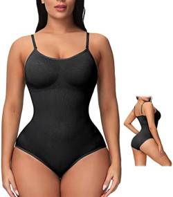 Yutdeng Shapewear Damen Bodysuit Figurenformend Body Shaper Bauchweg Sculpting Unterwäsche Push Up BH Nahtlos Kompression Bodyshaper Tanga Verstellbarer String und Schultergurt,A-Schwarz,L von Yutdeng