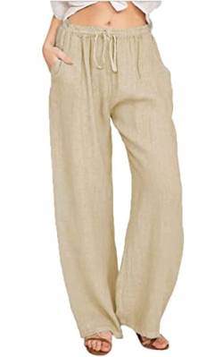 Yutdeng Sommerhose Damen Freizeithose Lang Leicht Baumwolle Leinenhose Casual Weite Hose Lässig Sommer Strandhose Einfarbig Mit Tunnelzug Locker Stoffhose Elegant Linen Pants,Beige,L von Yutdeng