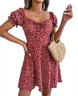 Yutdeng Sommerkleid Damen Kleid Kurz Blumenkleid Vintage Freizeitkleid Elegant Kurzarm Strandkleid Boho Casual Minikleid Blumenmuster mit Reißverschluss A-Linie Kleider Leicht, Rot, S von Yutdeng