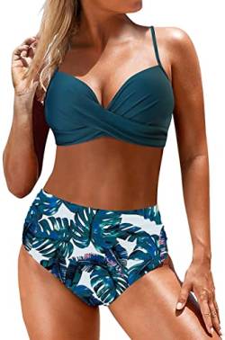 Yutdeng Swimwear Damen Zweiteiliger Badeanzug mit Bügel Crossover Bademode Push-up Bikinioberteil mit Schultergurt Wickel Hohe Taille Bikinihose Bedruckter Plissee-Bikini Set,Blau,XL von Yutdeng