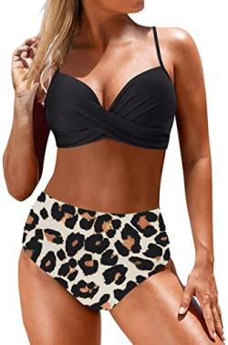 Yutdeng Swimwear Damen Zweiteiliger Badeanzug mit Bügel Crossover Bademode Push-up Bikinioberteil mit Schultergurt Wickel Hohe Taille Bikinihose Bedruckter Plissee-Bikini Set,Leoparden,L von Yutdeng