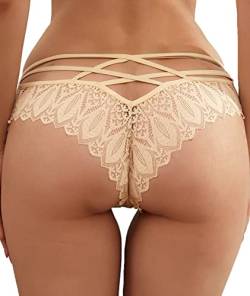 Yutdeng Unterhosen Damen Spitze Slip Mittel Taille Hipster Stretch Pantys Sexy Unterhosen Weich Atmungsaktiv Unterwäsche Unsichtbar Bequeme Tanga Nahtlos String für Frauen,Beige,M von Yutdeng