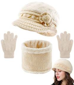 Yutdeng Winter Beanie Mütze Schal Set Warmer Handschuhe Set Damen Stricken Handschuhe Kreis Loop Schal Fleece Gefüttert Baretts Elegant Baskenmütze Nackenwärmer Geschenkset,Beige,One size von Yutdeng