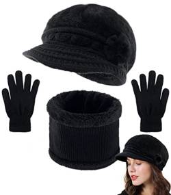 Yutdeng Winter Beanie Mütze Schal Set Warmer Handschuhe Set Damen Stricken Handschuhe Kreis Loop Schal Fleece Gefüttert Baretts Elegant Baskenmütze Nackenwärmer Geschenkset,Schwarz,One size von Yutdeng