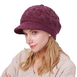 Yutdeng Winter Strickmütze Damen Beanie Mütze Gefüttert Fleece Baskenmütze Wintermütze mit Krempe Warme Schirmmütze für Frauen Warm Slouch Beanie, Lila von Yutdeng