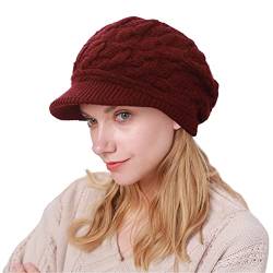 Yutdeng Winter Strickmütze Damen Beanie Mütze Gefüttert Fleece Baskenmütze Wintermütze mit Krempe Warme Schirmmütze für Frauen Warm Slouch Beanie, Rot von Yutdeng