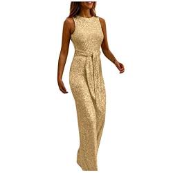 Yuwegr Damen Jumpsuit Ärmellose Rundhals Einfarbig Pailletten Mode Breites Bein Frauen Overall mit Gürtel Sommer Party Playsuit Lang Romper (EU-42/CN-XL, Gold) von Yuwegr