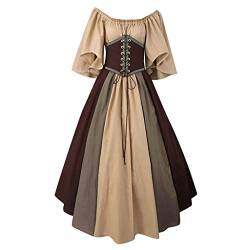 Yuwegr Damen Kleider Mittelalter Renaissance Vintage Gothic Kleid Frauen Schulterfrei Patchwork Maxikleid Party Lange Kleid Plus Size (M, Khaki) von Yuwegr