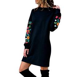 Yuwegr Damen Kleider Sweatshirt Langarm Mode Blumen Bestickte Frauen Kleid Pullover Casual Herbst Winter Dress (EU-38/CN-M, Schwarz) von Yuwegr