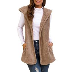 Yuwegr Damen Westen Kapuzenjacke Casual Cardigan Ärmellose Strickjacke Shaggy Jacke Frauen Lange Mantel Oberbekleidung Hoodie Outwear (EU-40/CN-L, Khaki) von Yuwegr