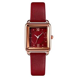 Yuxier Damen Quarzuhren Analog Display Klassische Damen Quadratische Uhr Einfache Mode Armbanduhren Lederband Elegante Business Uhr für Frauen, rot, Gurt von Yuxier