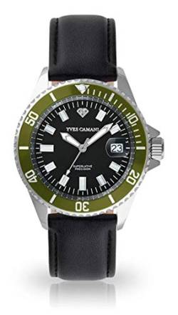 Yves Camani ANWEN Damen Armbanduhr Quarz Analog schwarzes Zifferblatt grüne Lünette Leder Mesh Edelstahl (Leder - Schwarz) von Yves Camani